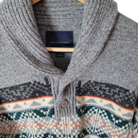 American Eagle Mens Gray Fair Isle Shawl Collar Sweater L Cotton/Wool Blend EUC - Picture 4 of 14